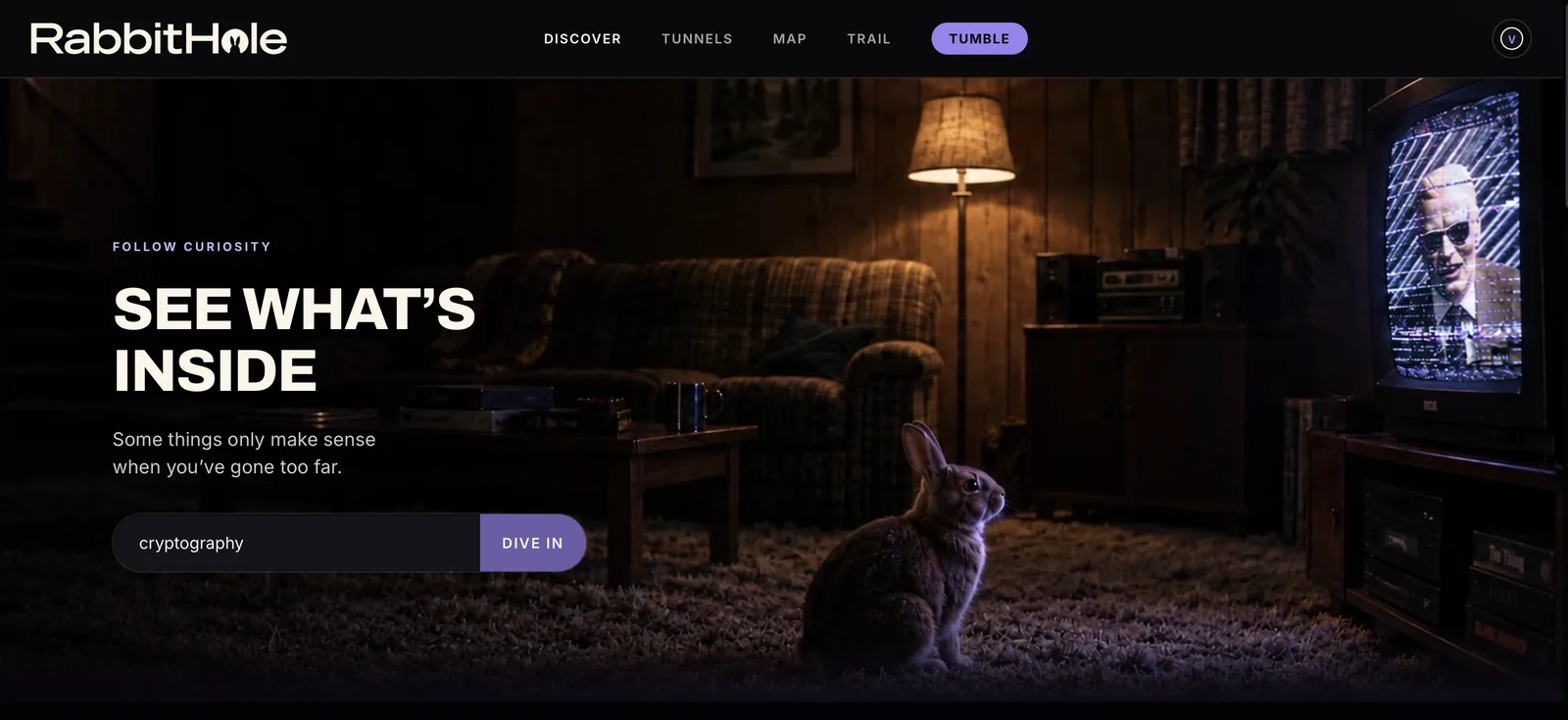 The RabbitHole home page: a rabbit sitting in a dim living room beside an old television, with the headline &ldquo;See what&rsquo;s inside&rdquo; and a search box.